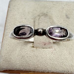 Vtg Sterling Silver Amethyst Stone Dainty Stacking Ring Oval Faceted Stones Sz 8